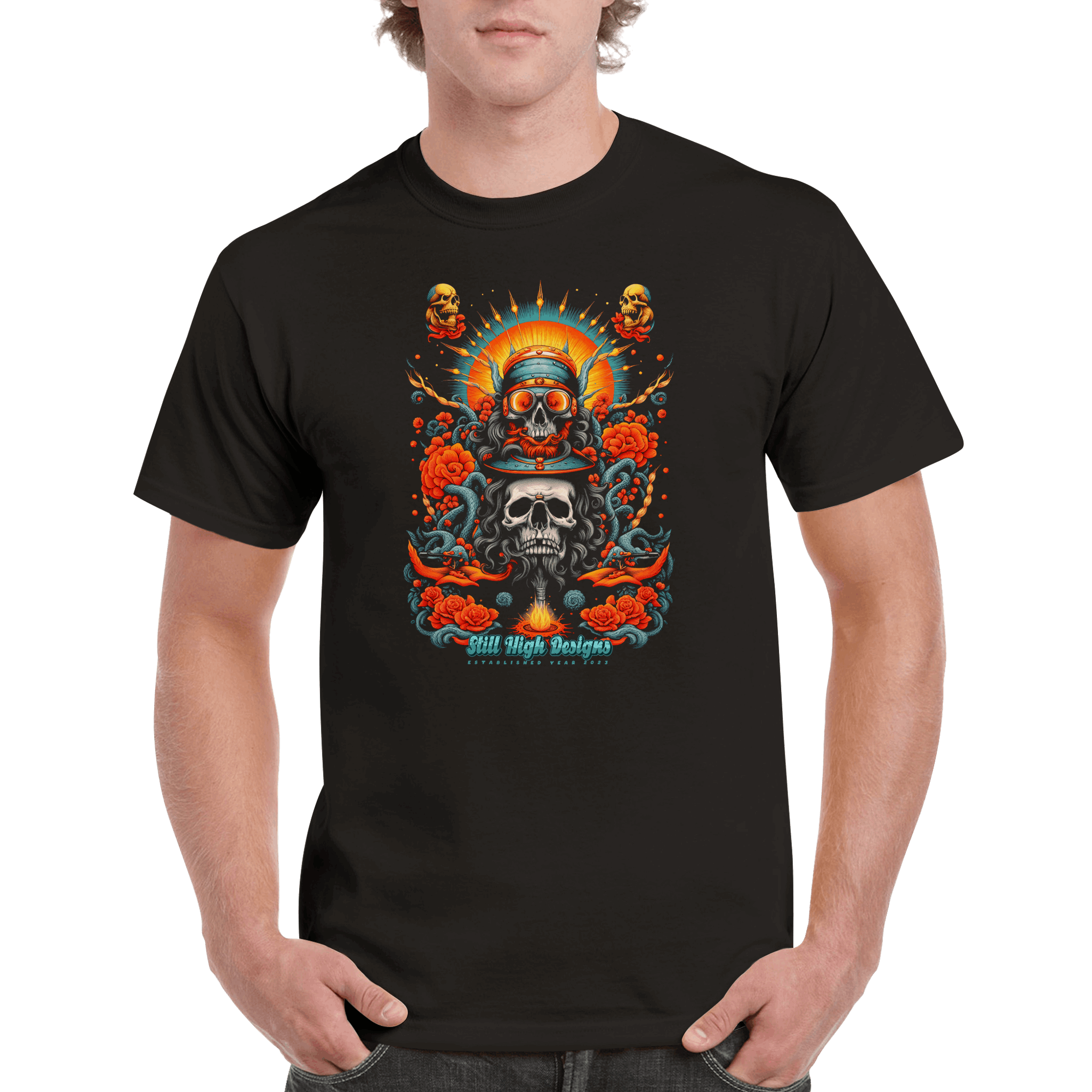 Skulls Roses Sunburst Graphic T-Shirt