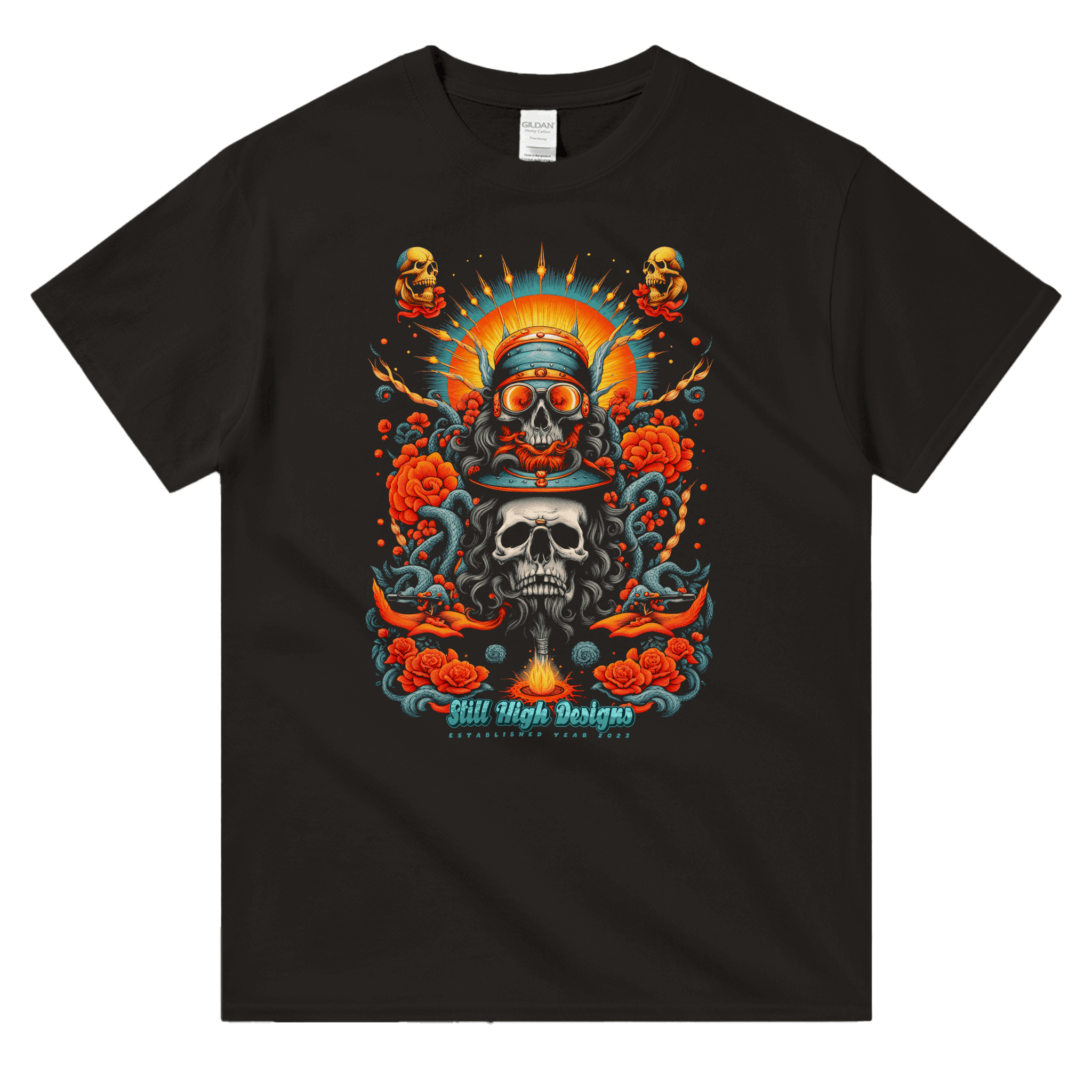 Skulls Roses Sunburst Graphic T-Shirt